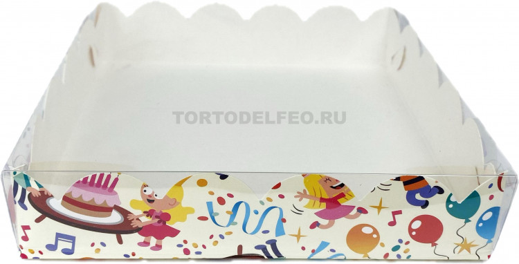 Коробочка 15,5*15,5*3,5см детский праздник с прозр крышкой