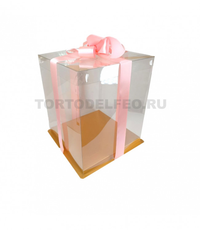 Коробка прозрачная подарочная для тортов золотая 26*26*31см